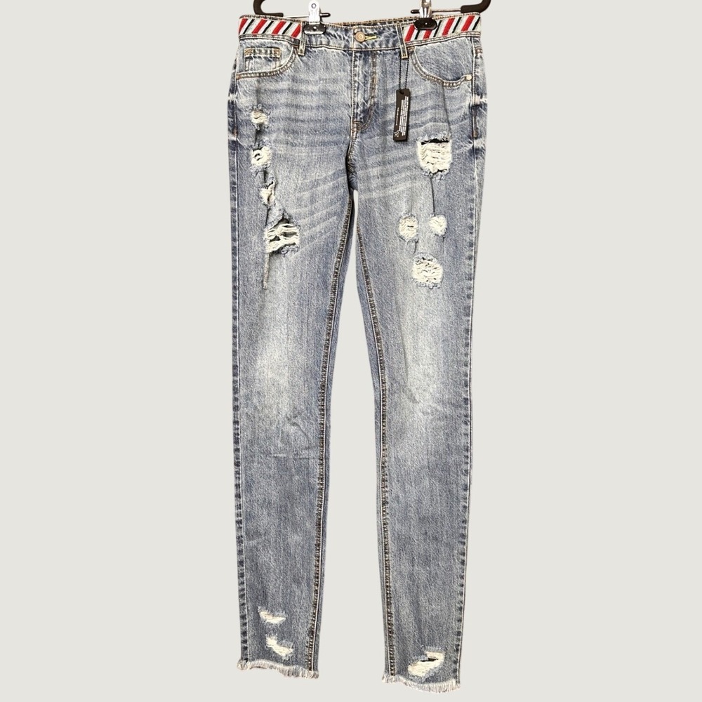 Alloy Apparel Distressed Jeans Beaded Waistband Size 11x37 Straight Skinny Leg‎